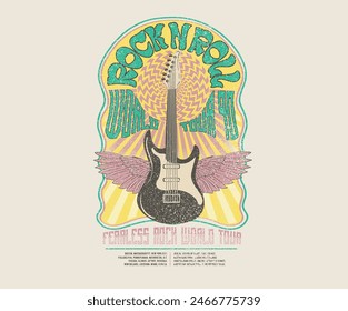 Guitar with eagle wing vector artwork for apparel, stickers, posters, background and others. Rock and roll vintage print design. Rock world tour artwork. Rock star vintage artwork. 