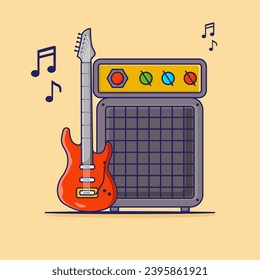 Guitar Electric With Amplifier Vector Icon Illustration. Flat Cartoon Style Suitable for Web Landing Page, Banner, Flyer, Sticker, Card, Background