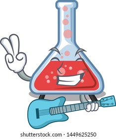With guitar erlenmeyer flask above wooden cartoon table