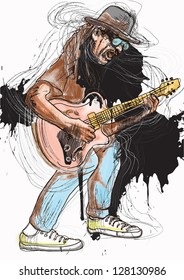 Guitar experience. Colored guitarist in expressive outlines and grungy spots. /// Vector description: contours in shades of gray and black, editable in 7 layers.