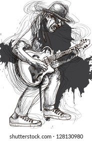 Guitar experience, guitarist in expressive outlines and grungy spots. /// Vector description: contours in shades of gray and black, editable in 6 layers.