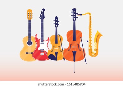 Guitar fiddle cello and saxophone instrument design, Music sound melody song musical art and composition theme Vector illustration