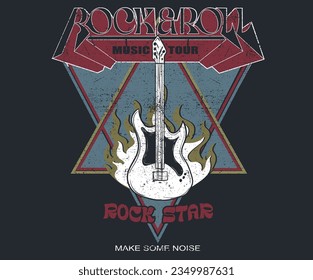 Guitar fire artwork. Rock and roll vector graphic print design for apparel, stickers, posters, background and others. 