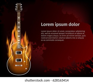 Guitar in fire on black grunge background. Poster for a rock concert. The concept of design with a musical instrument.