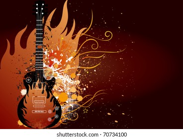 guitar with flame and grunge ink,musical theme illustration