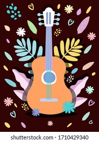 Guitar flat drawn vector illustration. Musical instrument store, store poster design idea. Cartoon guitar with flowers. Poster for festivals, concerts. Poster for the festas junina or cinco de mayo