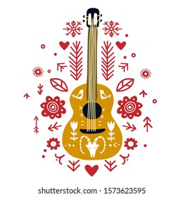 Guitar flat hand drawn in ethnic folk style. Musical instruments shop, store poster design idea. Cartoon guitar with scandinavian decorative elements. Rock band performance, concert banner template