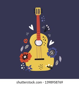 Ilustración vectorial dibujada a mano plana de guitarra. Tienda de instrumentos musicales, idea de diseño de afiches de tienda. Guitarra de caricatura con flores aisladas en fondo azul. Representación de banda de rock, plantilla de banderín de concierto