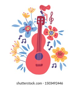 Guitar flat hand drawn vector illustration. Musical instruments store poster design idea. Cartoon guitar with flowers, notes, leaves isolated on white background. Rock band performance banner template