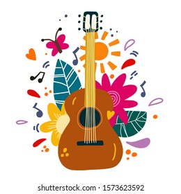 Ilustración vectorial dibujada a mano plana de guitarra. Tienda de instrumentos musicales, idea de diseño de afiches de tienda. Guitarra de caricatura con flores y hojas. Representación de banda de rock, plantilla de banderín de concierto