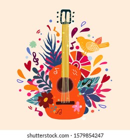 Guitar flat hand drawn vector illustration. Musical instruments shop, store poster design idea. Cartoon guitar with flowers and leaves. Rock band performance, concert banner template