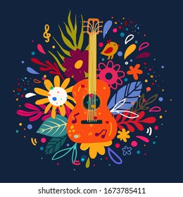 Guitar flat hand drawn vector illustration. Musical instruments shop, store poster design idea. Cartoon guitar with flowers and leaves. Rock band performance, concert banner template