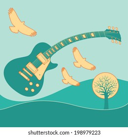 A guitar flies with birds in this music background for Print or Web