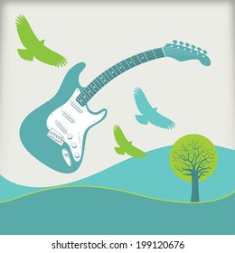 A guitar flies with birds in this music background for Print or Web