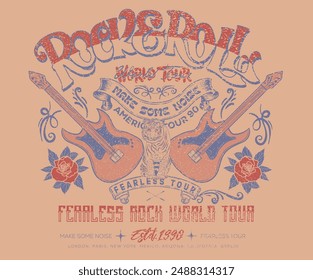 Guitar with flower Fearless music tour. Tiger vintage t shirt design. Rock and roll with wing logo artwork for apparel and others.