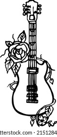 Guitar flower line art. classic music guitar. music instruments. flower kdp interior. doodles. tattoo.