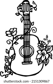 Guitar flower line art. classic music guitar. music instruments. flower kdp interior. doodles. tattoo.