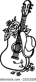 Guitar flower line art. classic music guitar. music instruments. flower kdp interior. doodles. tattoo.