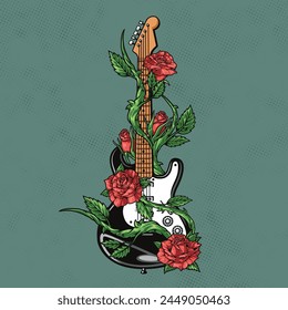 Guitar with flowers poster colorful with roses weaving around musical instrument for rock and roll stars vector illustration