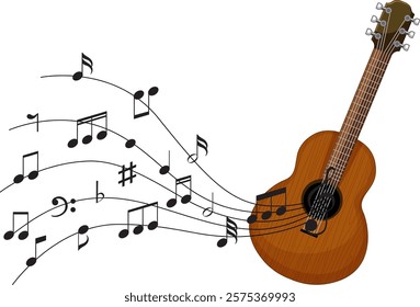 Guitar with flowing musical notes and symbols