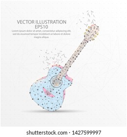 Guitar form mesh line and composition digitally drawn starry sky or space in the form of broken a part triangle shape low poly wire frame on white background.
