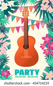 Guitar With Frangipani (plumeria) Flowers, Palm Leaves And Flag. Design For Tropical Beach Party, Open Air Festival, Hippie Or Ethnic Music Concert. Poster, Invitation, Flyer. Place For Your Text