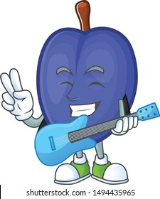 With guitar fresh prunes of character mascot in a cartoon.