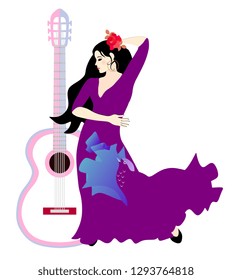 Guitar, girl and bird. Beautiful Spanish young woman with long black hair, decorated with a rose, dressed in a lilac dress, dancing flamenco.
