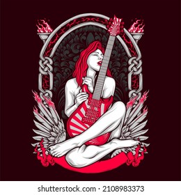guitar girl illustration with awesome background