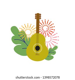 Guitar with green leaves and fireworks, design element for music festival, card or poster template