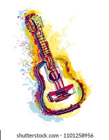 Guitar with grunge watercolor splashes. Isolated object on white background. Design concept for card, t-shirt, invitation, print, poster, tattoo. Vector illustration