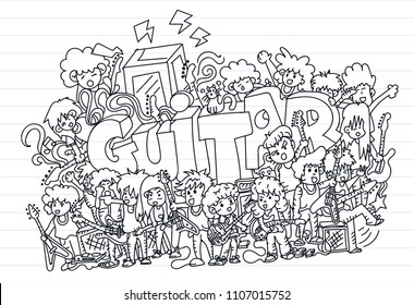 Guitar and Guitarist Cartoon cute doodles Music word. musician Line art illustration with notebook design on Background.Funny vector artwork