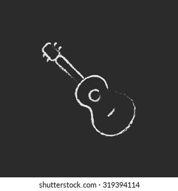 Guitar hand drawn in chalk on a blackboard vector white icon isolated on a black background.