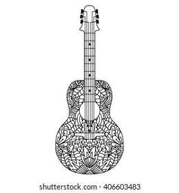 Guitarra. Trazado a mano con motivos étnicos en doodle, estilo zentangle. Página del libro de coloración para adultos y niños-zendala, diseño para relajación y meditación, ilustración vectorial aislada en fondo blanco