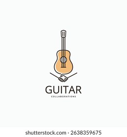 Guitar with hand shake logo design. Music collaborations symbol logo icon vector illustration