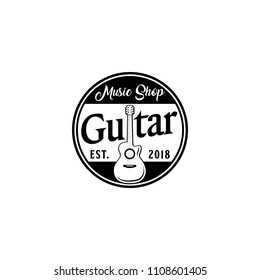 Guitar hand written lettering logo, emblem, label, badge. Vintage style. Isolated on white background. Vector illustration.