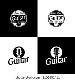 Guitar hand written lettering logo, emblem, label, badge. Vintage style. Isolated on white background. Vector illustration.