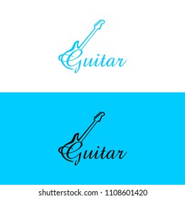 Guitar hand written lettering logo, emblem, label, badge. Vintage style. Isolated on white background. Vector illustration.