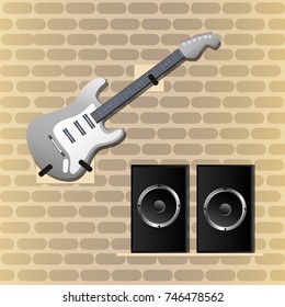 Guitar hanging on the wall and dynamics on the shelf. Vector illustration.
