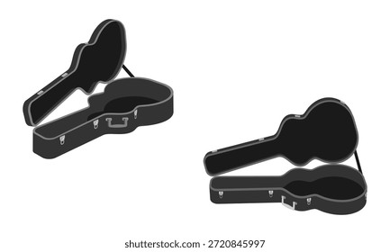 caso duro de guitarra aberta vista lateral e vista frontal, ilustração vetorial isolado no fundo branco.