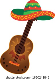 Guitar and hat vector art and illustration