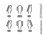 Guitar head type icons set with tuners number. Black outline symbols of guitar headstock of different types. Electric, acoustic and bass guitar. Four, six, seven and eight tuners for string.