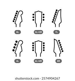 Guitar head type icons set with tuners number. Black outline symbols of guitar headstock of different types. Electric, acoustic and bass guitar. Four, six, seven and eight tuners for string.