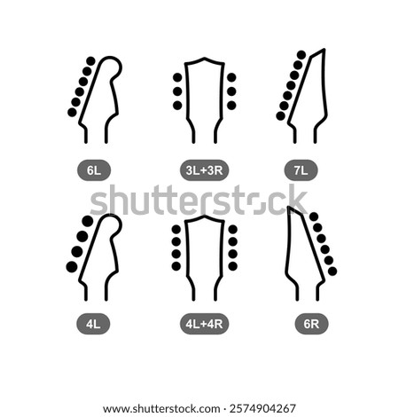 Guitar head type icons set with tuners number. Black outline symbols of guitar headstock of different types. Electric, acoustic and bass guitar. Four, six, seven and eight tuners for string.
