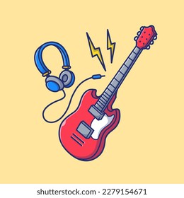 Guitar and Headphone Music Cartoon Vector Icon Illustration. Music Holiday Icon Concept Isolated Premium Vector. Flat Cartoon Style