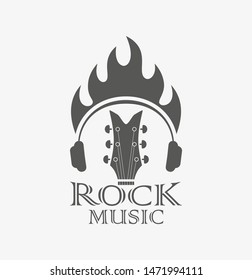 Guitar headphones with fire and text. Black and white illustration on the theme of rock music