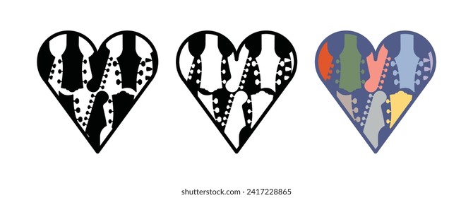 guitar headstock icon covered with love shape. simple. black and white. colored. retro design