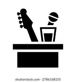Guitar headstock and microphone in holder with microphone performance musician