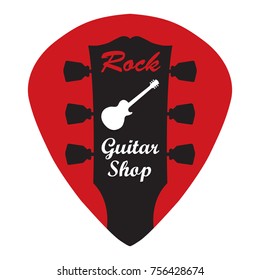 Guitar headstock in guitar pick with rock guitar shop sign, vector illustration