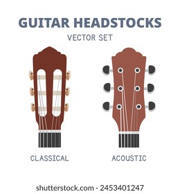 Guitar headstock vector set. Classical guitar and acoustic guitar. Types of headstock vector illustration isolated on white background. Tuning pegs, tuners